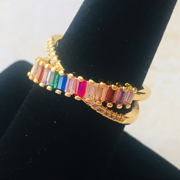 Rainbow Crossover Band Crystal Baguette Eternity Ring NWT - Picture 5 of 6